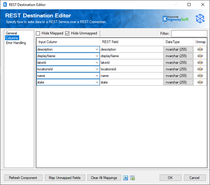 Google Dataplex Rest Destination Component - Columns